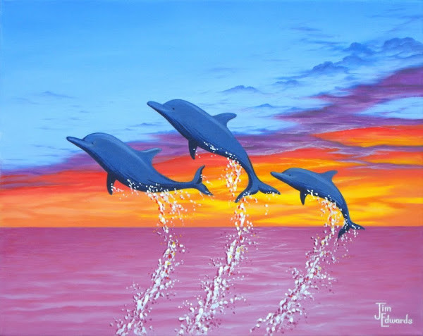 1 DAUPHINS MAGNIFIQUE OEUVRE PEINTURE